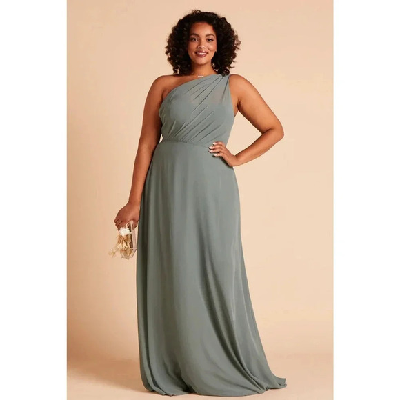 NWT Birdy Grey Kira Maxi Dress One Shoulder High Slit Side Pocket Sea Glass L - Picture 2 of 12